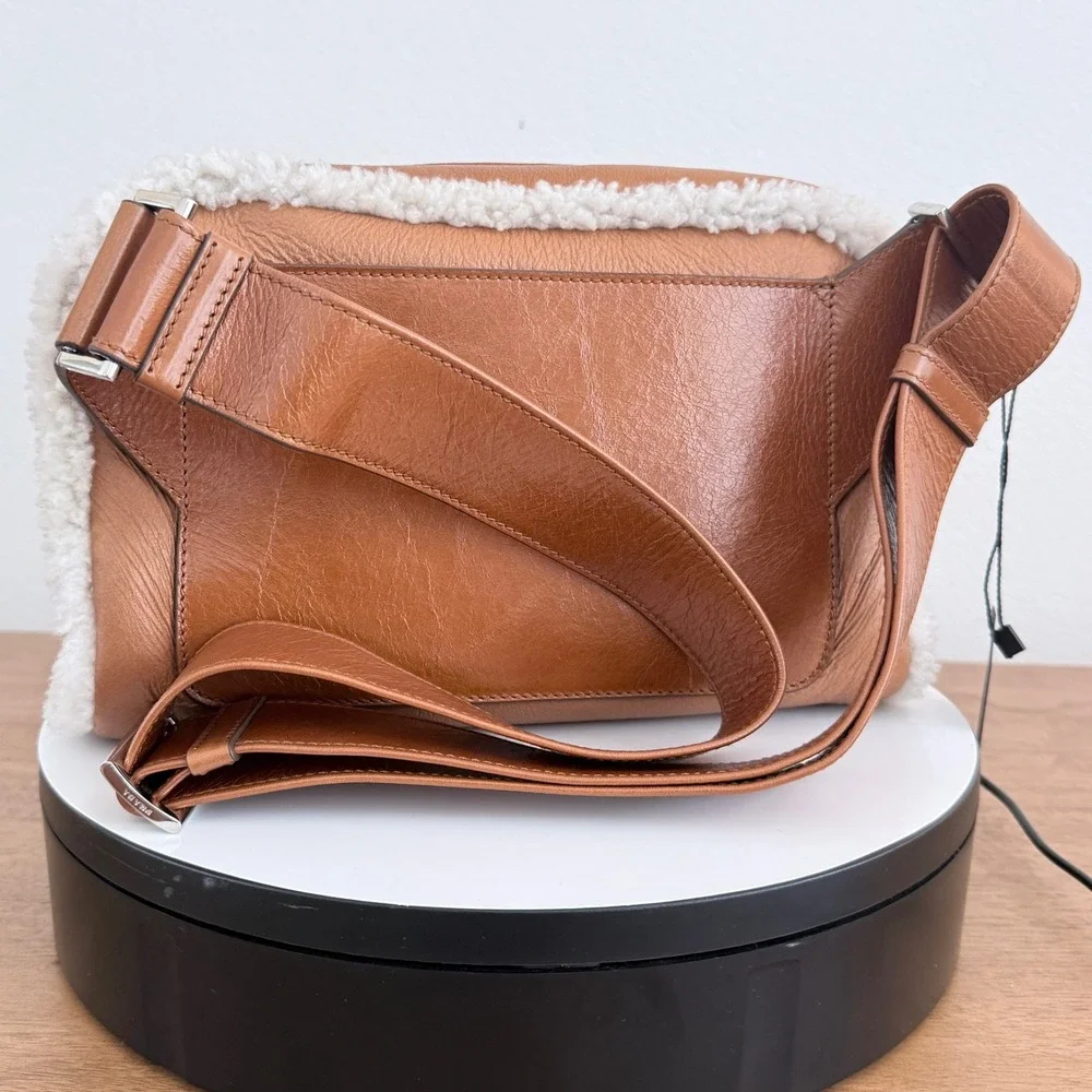 Prada Bandoliera Montone Shearling Leather Crossbody Bag Cognac 2VH181